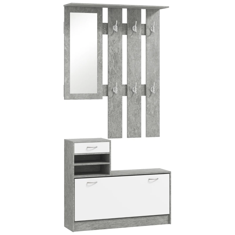 HOMCOM Set Mobile d'Entrée avec Portemanteau à 6 Crochets, Mobile Porte-Chaussures avec Tiroir et Miroir, Gris