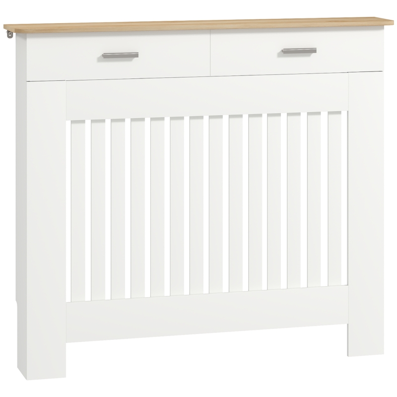 HOMCOM Cache-radiateur à Lamelles Anti-basculement avec Tiroir de Rangement, en Bois, 112x19x97 cm, Blanc