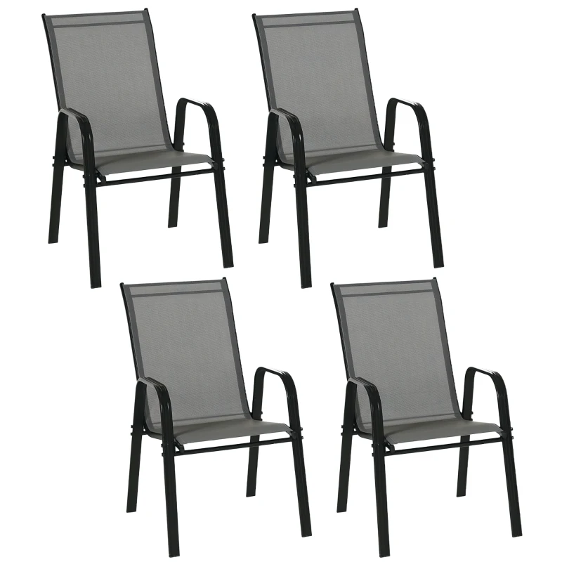 Outsunny Lot de 4 Chaises de Jardin Empilables et Gain de Place avec Accoudoirs en Métal et Tissu en Filet, Gris