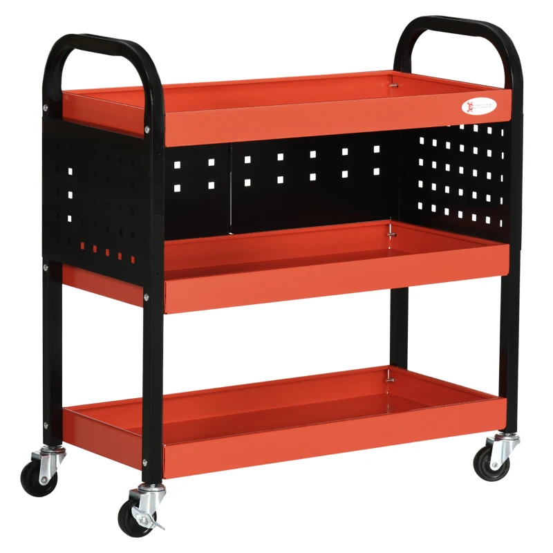 DURHAND Carro de Ferramentas Carro de Oficina de Aço com 3 Prateleiras Rodas e Painéis Perfurados 75x35x80 cm Vermelho e Preto