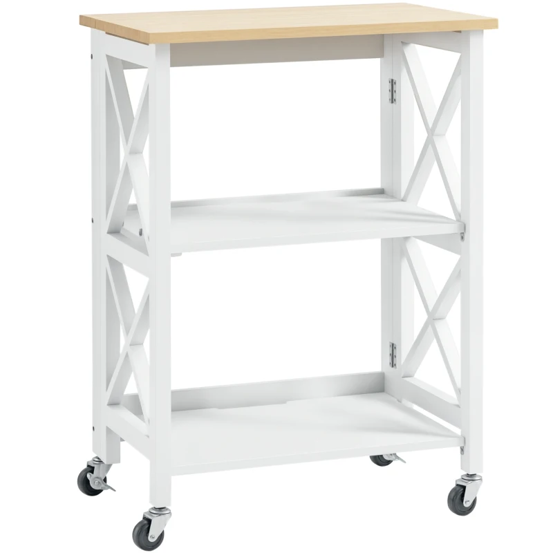 HOMCOM Carrito de Cocina Plegable Carro Auxiliar con Ruedas Carro Verdulero con 2 Estantes para Comedor 60x40x84 cm Blanco