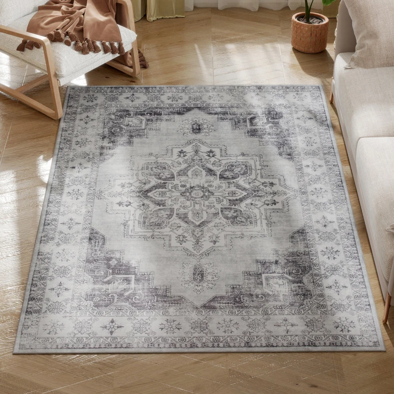 HOMCOM Vintage Area Rug, Non-Slip Washable Rug, Flannel Floor Carpet for Living Room, Bedroom, Dining Room, Home Office, 170 x 120 cm, Grey