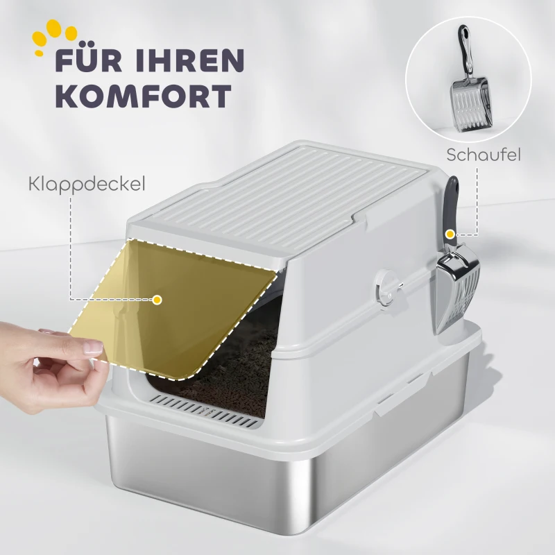 PawHut Kattenbak, roestvrij staal, XL-interieur, met schep, lichtgrijs(m-7)