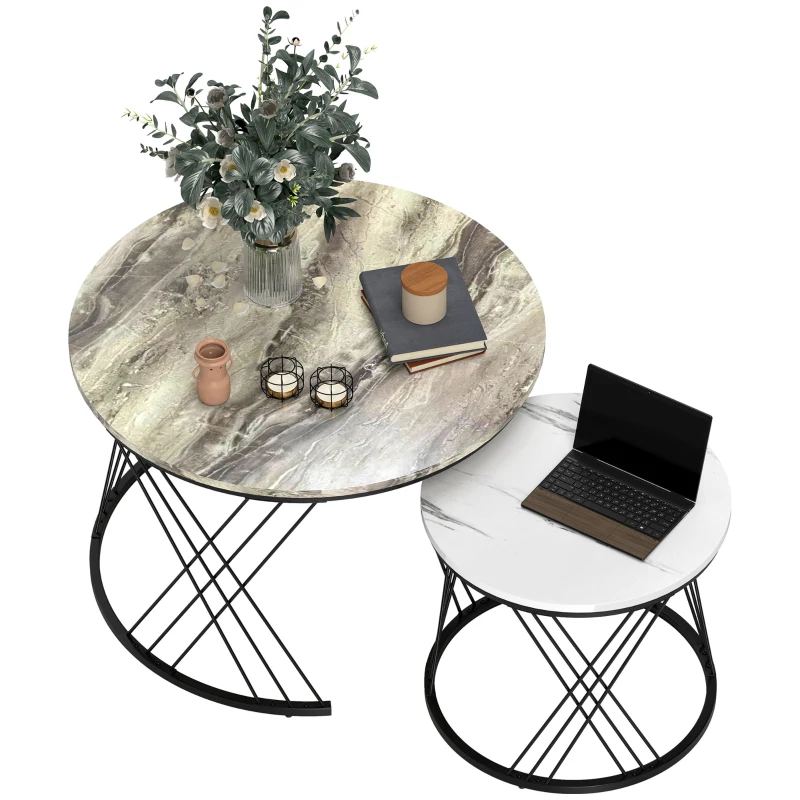 HOMCOM Lot de 2 tables basses gigognes rondes Ø 70/44,5 cm avec plateau effet marbre et pieds en métal, gris et blanc