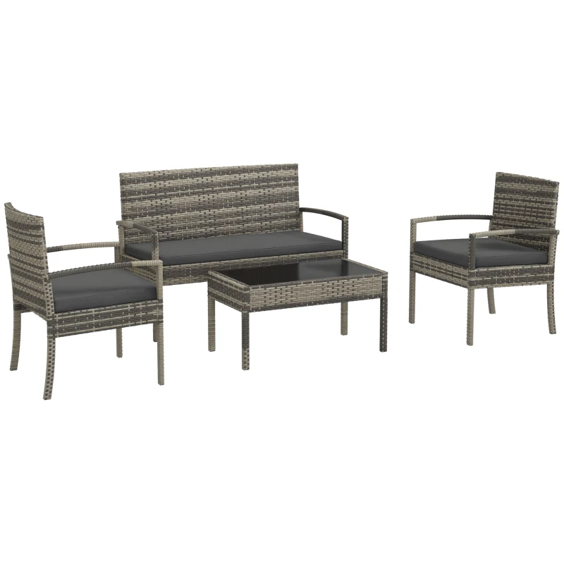 Outsunny Juego de 4 Piezas Muebles de Jardín con 2 Sillones 1 Sofá de 2 Plazas y 1 Mesa de Centro de Tablero de Vidrio Gris
