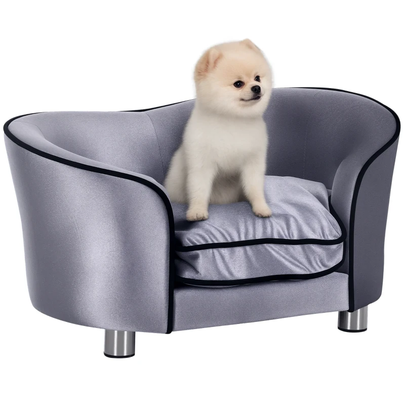 PawHut Canapé chien chat sur pied style  contemporain lit animaux avec accoudoir dossier coussin amovible grand confort + poche rangement revêtement peluche courte 69 x 49 x 38 cm gris