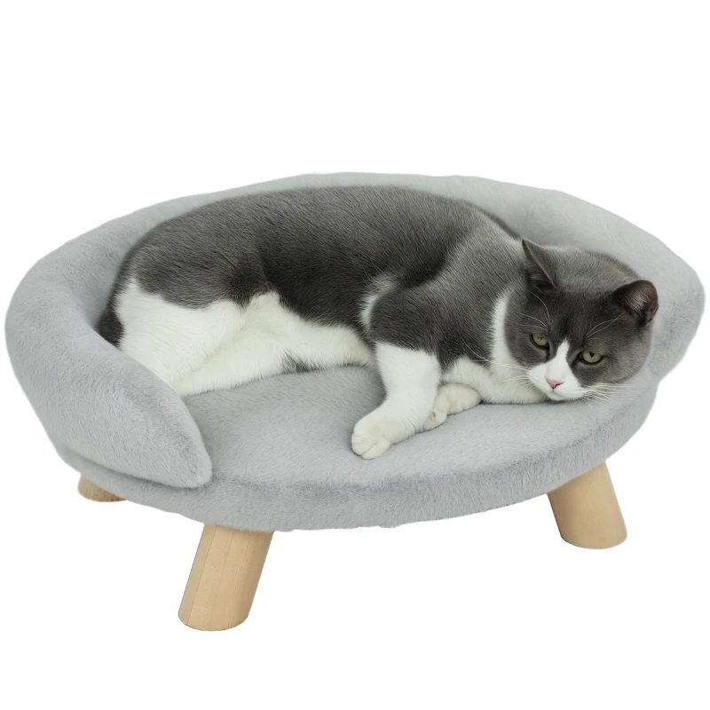 PawHut Canapé pour chien lit pour chien amovible lavable revêtement en peluche pieds en bois de pin solide 47 x 40 x 20 cm gris