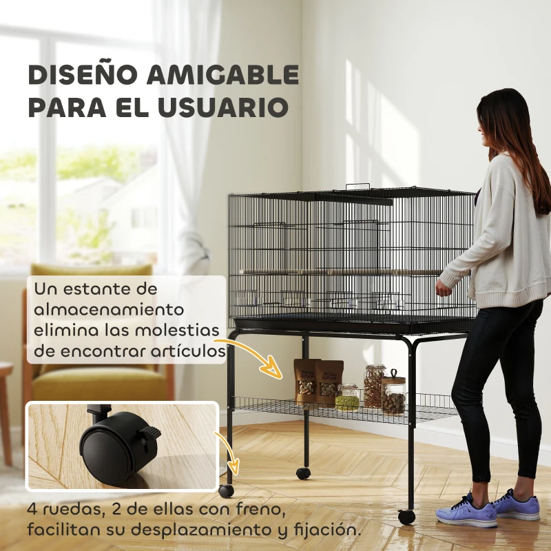 PawHut Cage pour Oiseaux avec Séparateur Mangeoires Plateau Amovible et Support pour Canaris et Perruches 94x57x57/128 cm Noir