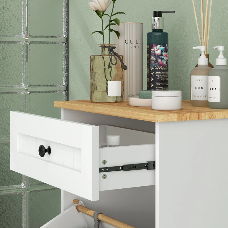 HOMCOM Mobile Bagno en Bois avec Panier à Linge en Tissu Basculant et Tiroir, Blanc(m-3)