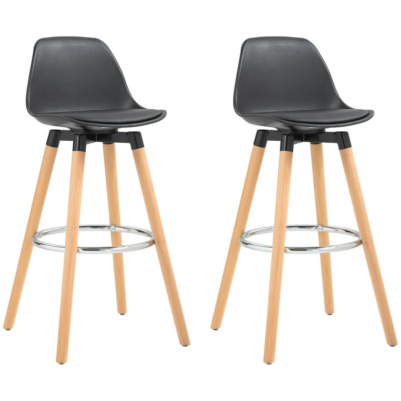 HOMCOM Juego de 2 Taburetes Altos de Cocina 69 cm Tapizado en PU con Respaldo Patas de Madera para Comedor Negro