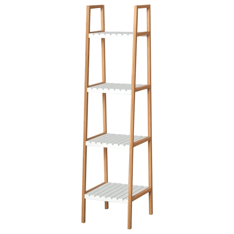 kleankin Etajeră de Baie în Formă de Scară cu 4 Rafturi din Lemn de Pin și Bambus, 35x36x138,5 cm, Alb