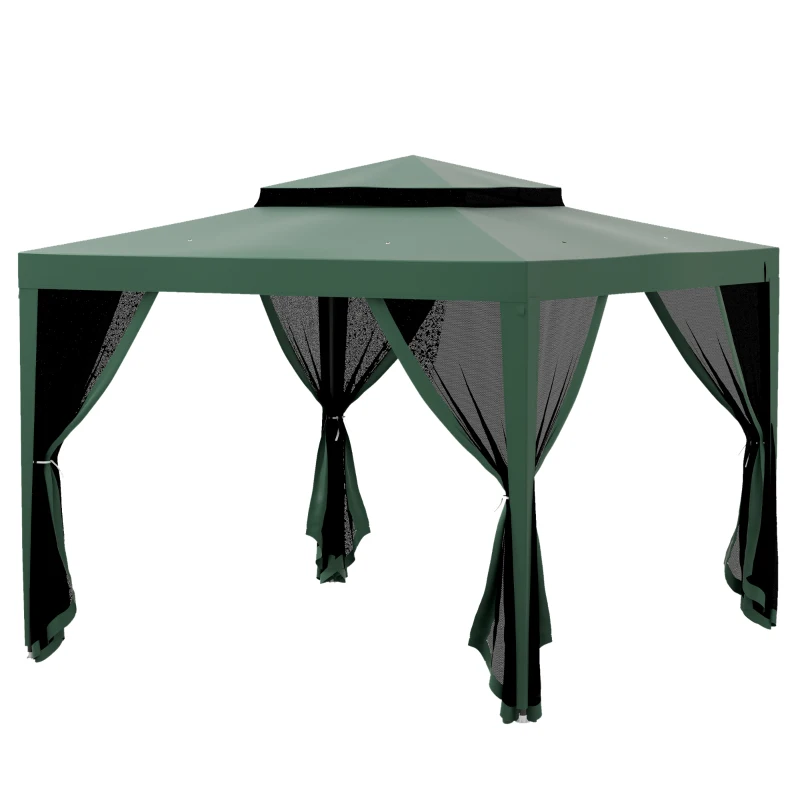 Outsunny Tente de Jardin 3x3 m Cenador Gazebo avec 4 Moustiquaires Latérales Toit Double 8 Trous de Drainage Cadre Métallique Vert