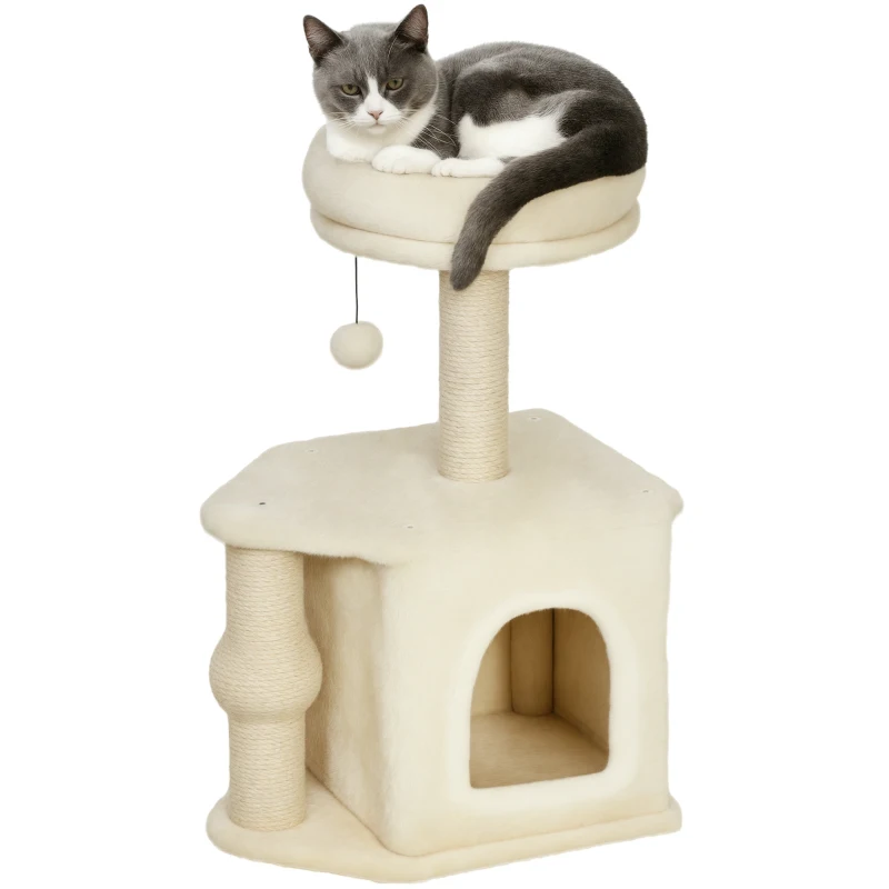 PawHut Arranhador para Gatos com Cama Caverna Plataforma Bola Suspensa e Poste de Juta 42x30x66 cm Marrom e Bege