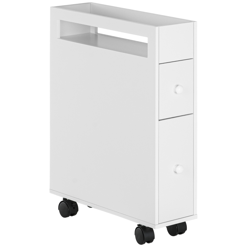 kleankin Meuble de Rangement pour Salle de Bain avec 4 Roues, 2 Tiroirs et Étagère Ouverte, 16x49.5x66cm, Blanc