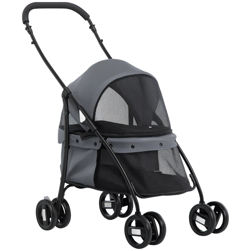 PawHut Passeggino per Cani Pieghevole con Tettuccio Regolabile, Borsa e 2 Guinzagli, 82x47x97 cm, Grigio e Nero