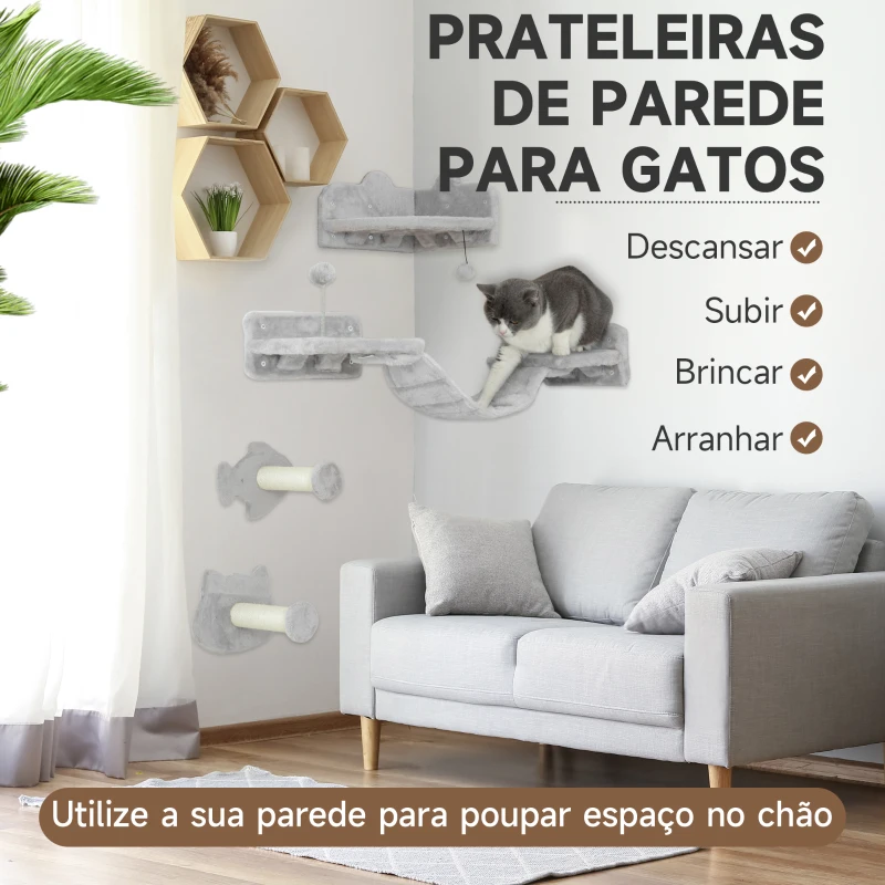 PawHut Conjunto de Prateleiras de Escalada para Gatos de 4 Peças com 2 Postes de Sisal e Plataforma para Saltar Cinzento