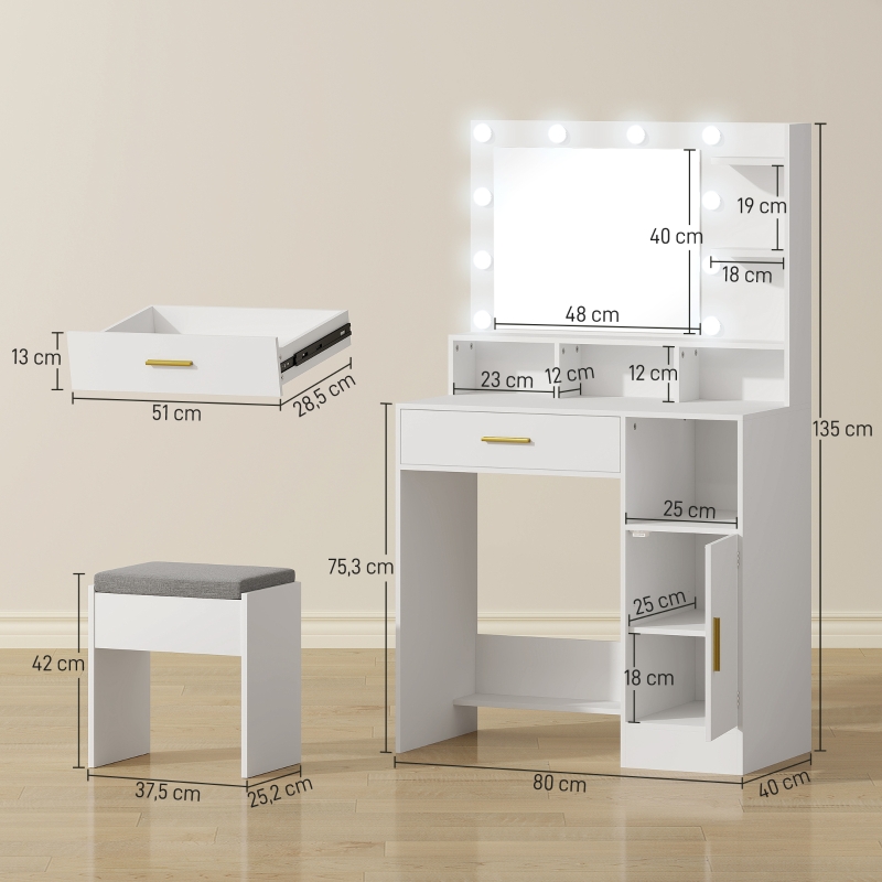 HOMCOM Toucador de Maquilhagem com Luzes LED Banco Espelho 3 Cores 10 Lâmpadas Gaveta Prateleiras e Compartimentos Branco