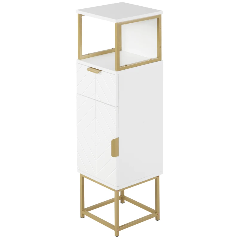 kleankin Mobile Colonne de Salle de Bain avec Tiroir, Placard et Étagère en Bois et Métal, 30x30x105cm, Blanc