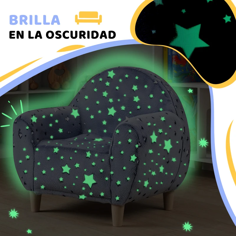 AIYAPLAY Sofá Infantil con Diseño de Estrellas que Brillan en la Oscuridad Tejido Suave de Terciopelo 55x40x55 cm Gris