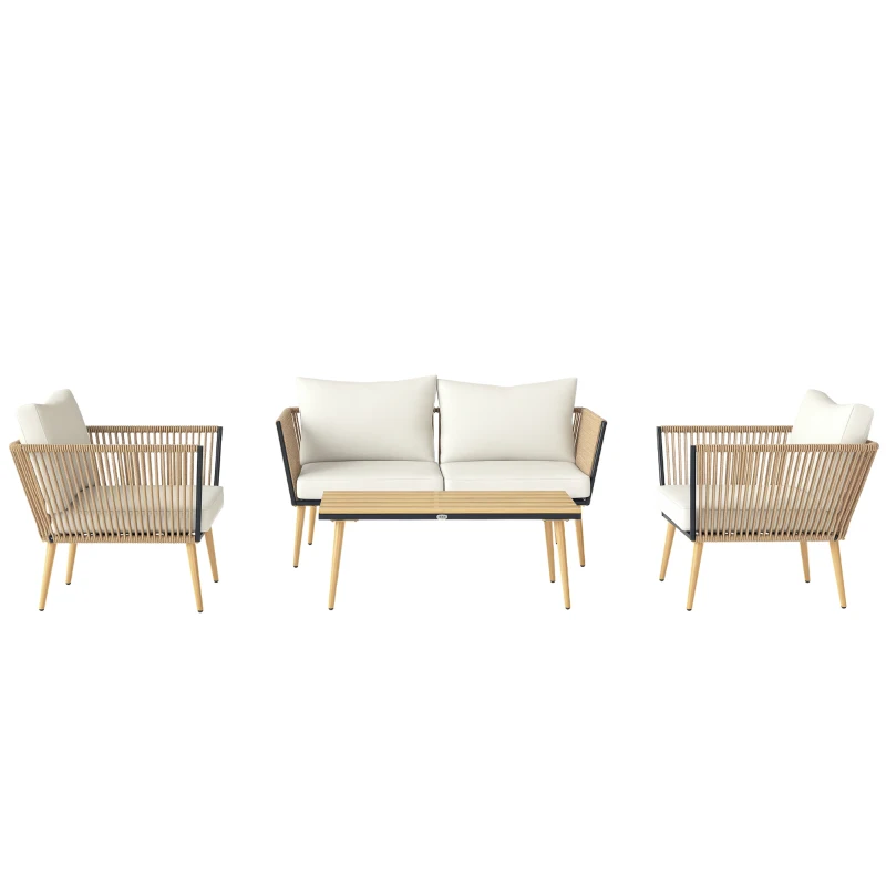 Outsunny Salon de Jardin en résine tressée 4 places avec 1 canapé 2 fauteuils et 1 table basse 7 coussins inclus crème
