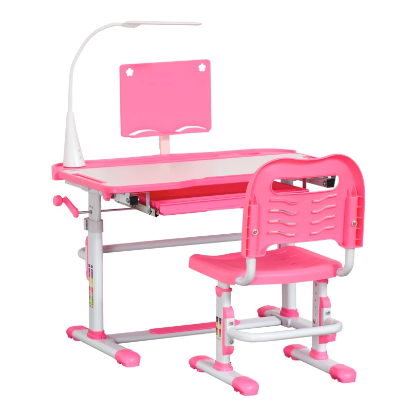 HOMCOM Ensemble Bureau pour Enfants 6-12 Ans avec Chaise Réglable en Hauteur, Tiroir, Lumière et Plateau Inclinable, Rose