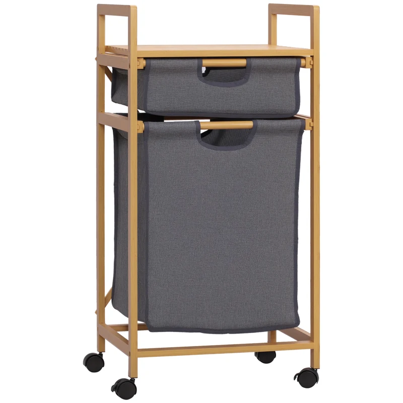 HOMCOM Cesto de Roupa de Bambu com 2 Bolsas de Tecido Amovíveis Prateleira Aberta 4 Rodas 42x35x84,5cm Cinza e Madeira