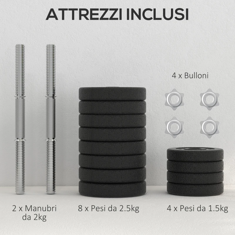 HOMCOM Set Pesi Manubri da 30 kg (8x2.5 kg, 4x1.5 kg) con 12 Dischi e 2 Manubri da 2 kg, 43x18x7.5 cm, Nero