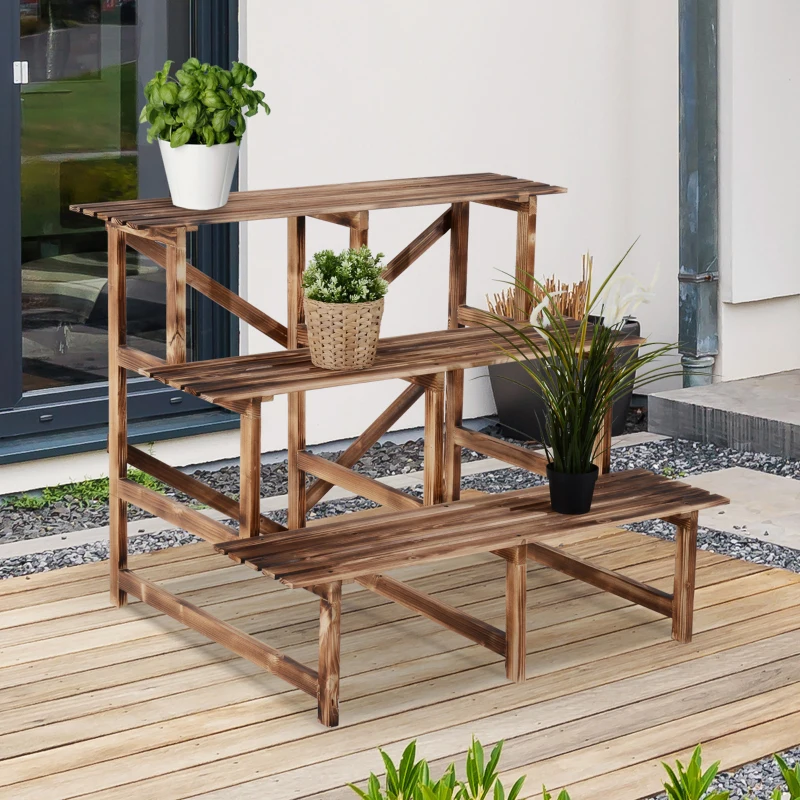 Outsunny Étagère à plantes pliable à 3 niveaux de 78 cm de hauteur, support de fleurs pour intérieur et extérieur en bois, étagère à pots de fleurs avec plateaux, étagère à plantes pour salon, jardin, balcon en bois naturel