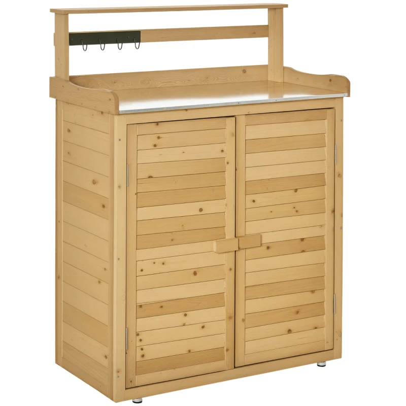 Outsunny Gartenschrank Pflanztisch mit Unterschrank Geräteschrank mit Arbeitsfläche 3 Fächern Gartentisch mit Unterschrank 2 Türen Massivholz Gelb 87 x 45 x 120 cm