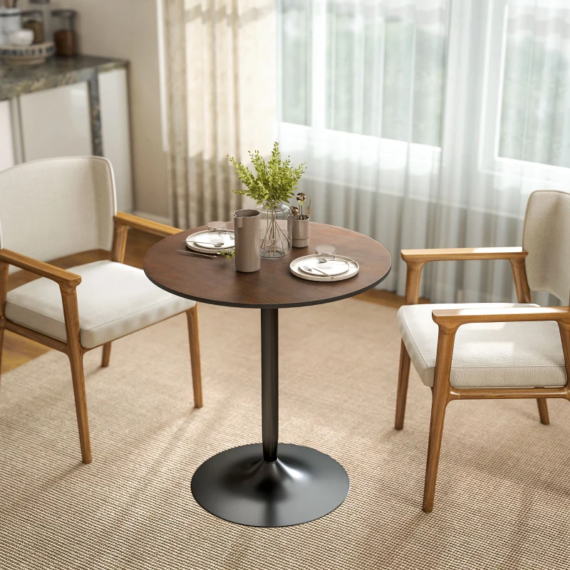 HOMCOM Mesa de comedor redonda 70 cm para 2 personas con tapa de chapado de madera maciza y base de acero marrón