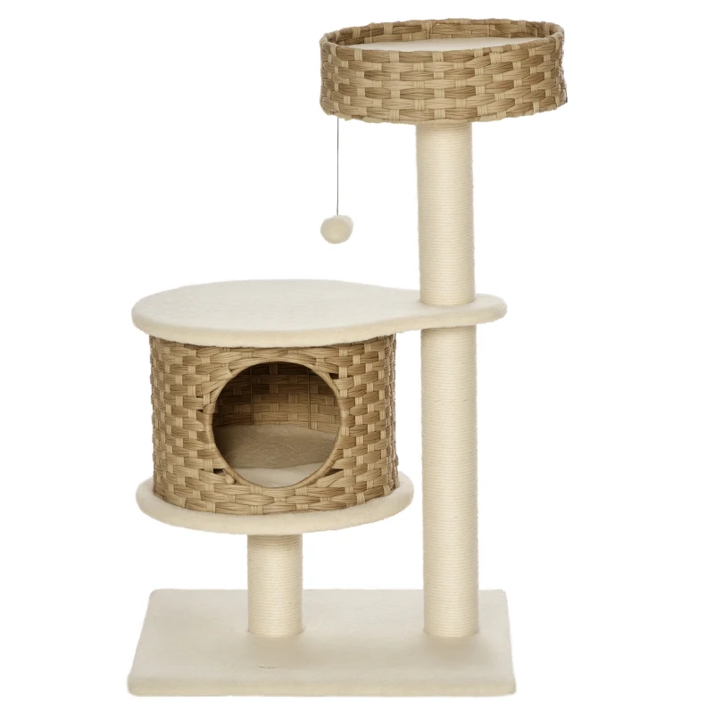 PawHut Albero Tiragraffi per Gatti con Cuccia e Casetta in Rattan e Pali in Sisal, 55x47x95cm, Beige
