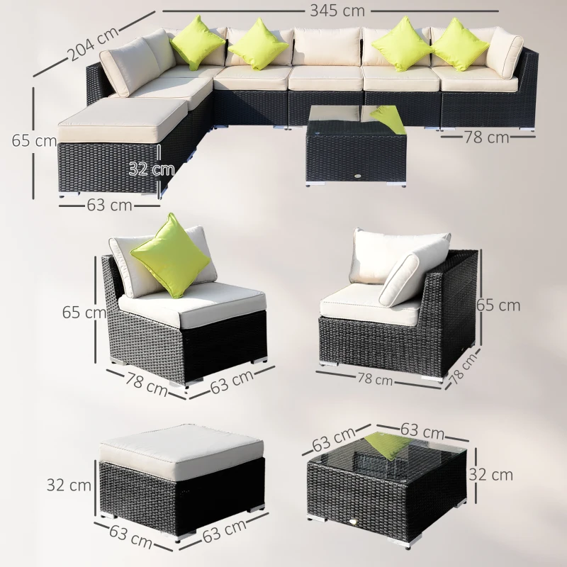 Outsunny 8 Pieces PE Rattan Corner Sofa Set Garden Aluminium Furniture Set with Glass Top Table Washable Cushion Cover Black