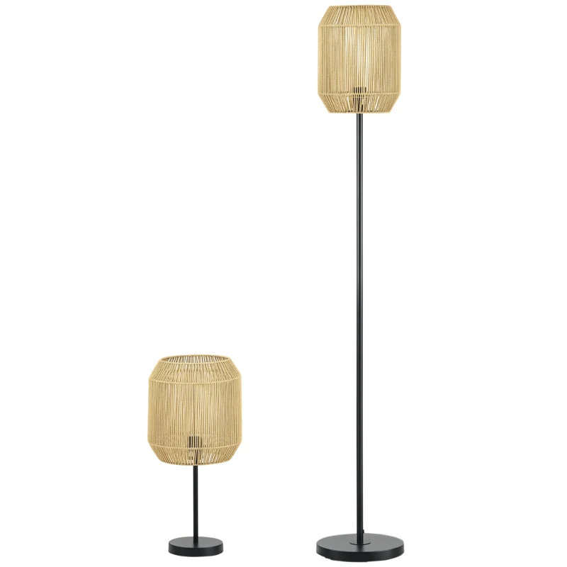 HOMCOM 2-teiliges Leuchten-Set. 1 Stehleuchte, 1 Tischleuchte, 38 cm x 38 cm x 158 cm, Natur + Schwarz