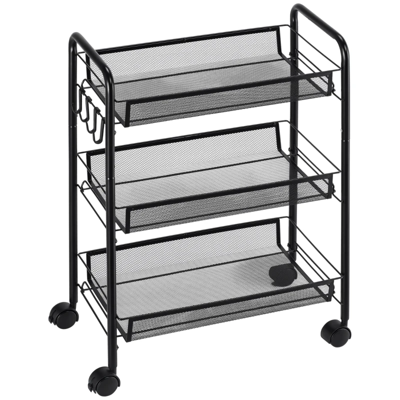 HOMCOM Carrello da Cucina a 3 Livelli con Cesti Removibili e 4 Ruote, in Acciaio e Plastica PP, 41.5Lx26.5x63 cm, Nero