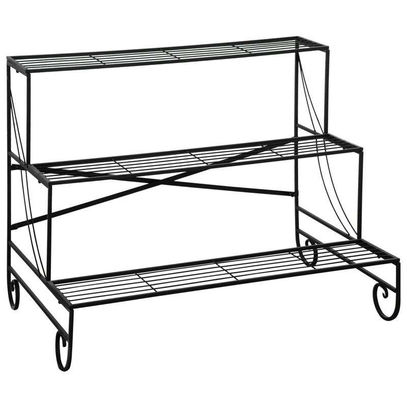 Outsunny Estantería para Plantas de Metal de 3 Niveles Soporte de Flores en Forma Escalera Macetas Multifuncional para Decoración Interiores y Exteriores 95x63x72 cm Negro