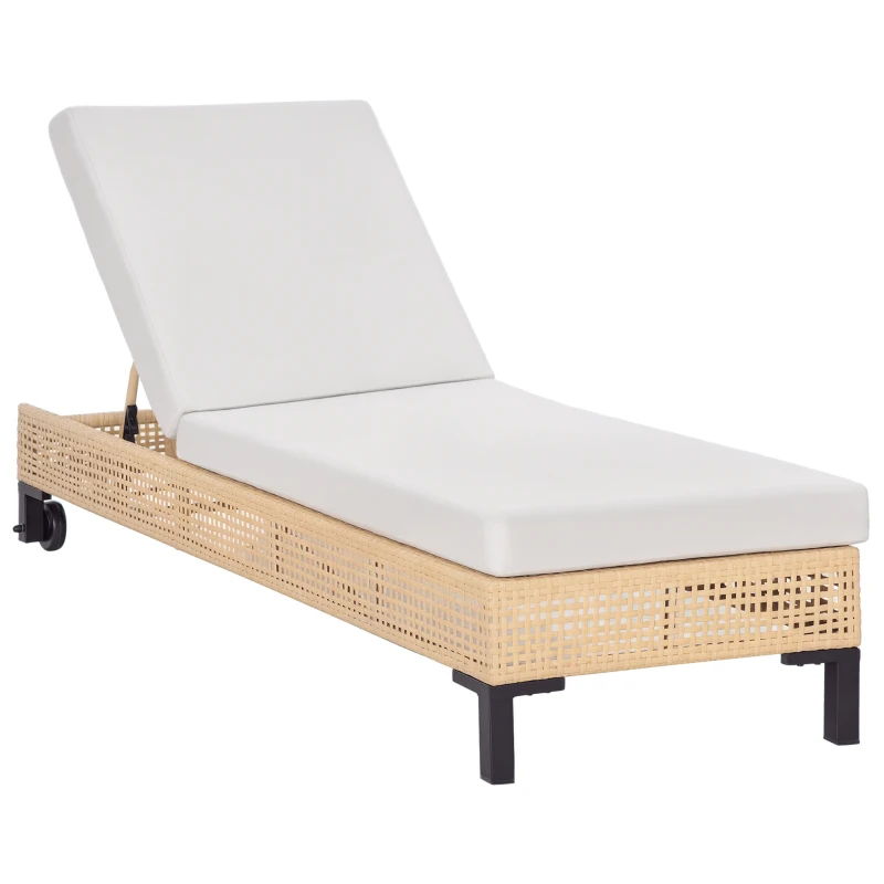 Outsunny Tumbona de Ratán Sintético Chaise Longue con Respaldo Ajustable en 5 Posiciones Cojín Acolchado y 2 Ruedas para Jardín Terraza Acero 200x65x31 cm Natural y Beige