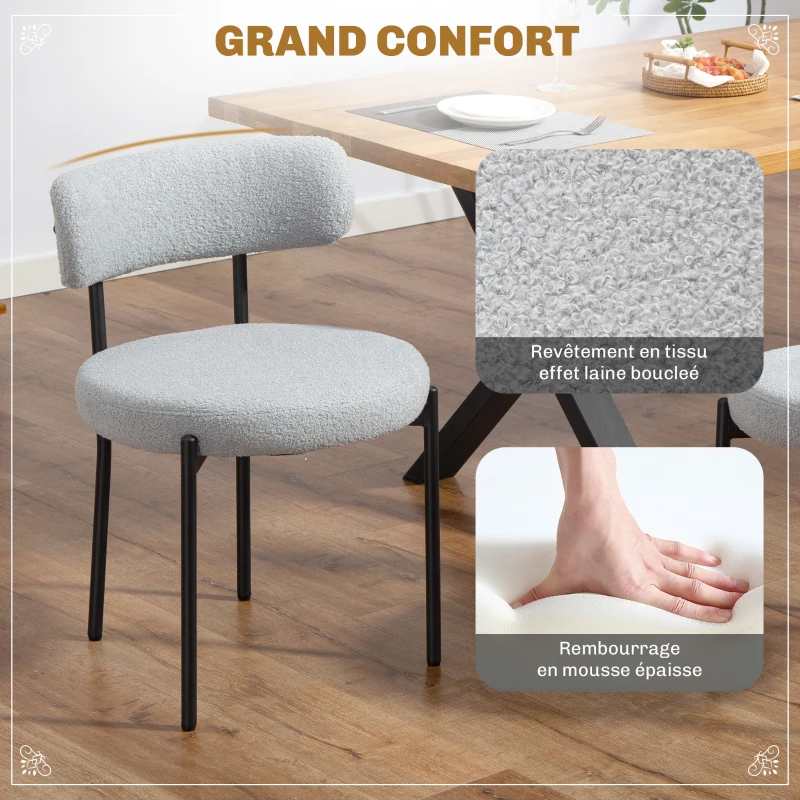 HOMCOM Lot de 2 chaises de salle à manger avec dossier en tissu pieds en acier 51 x 51 x 76 cm gris clair