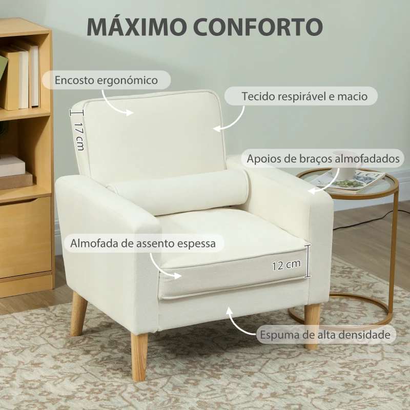 HOMCOM Poltrona Sala de Estar Estofada em Veludo Poltrona de Leitura com Assento com Botões e Pés de Madeira 76x79x82 cm Creme