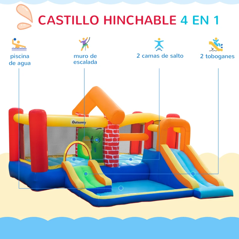 Outsunny Castillo Hinchable con 2 Toboganes 2 Camas de Salto y Piscina para Niños +3 Años Incluye Inflador y Bolsa de Transporte para Interior Exterior 380x370x230 cm Multicolor