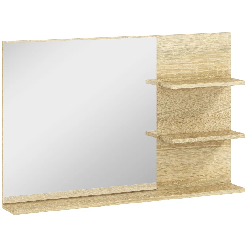 kleankin Miroir de Salle de Bain Moderne avec 2 Étagères Latérales et Étagère Inférieure, en Bois et Verre, 75x10x48 cm, Bois Naturel