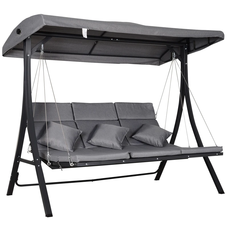 Outsunny Balancín con Toldo Ajustable de 3 Plazas Columpio de Jardín con Dosel Cojines para Exterior Terraza Patio Carga 270 kg 200x115x168 cm Gris