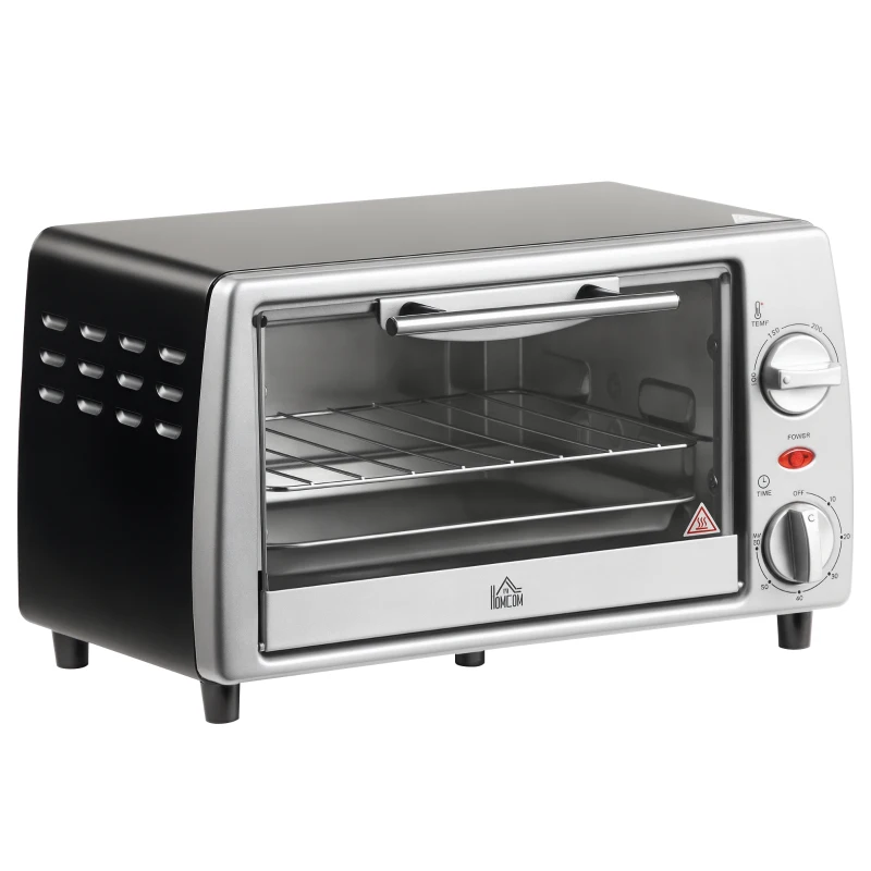 HOMCOM Horno Eléctrico Sobremesa 10 Litros 750W Horno Eléctrico Pequeño con Temperatura hasta 230 ℃ Temporizador 60 Minutos Bandeja y Rejilla 36,5x26x22 cm Plata