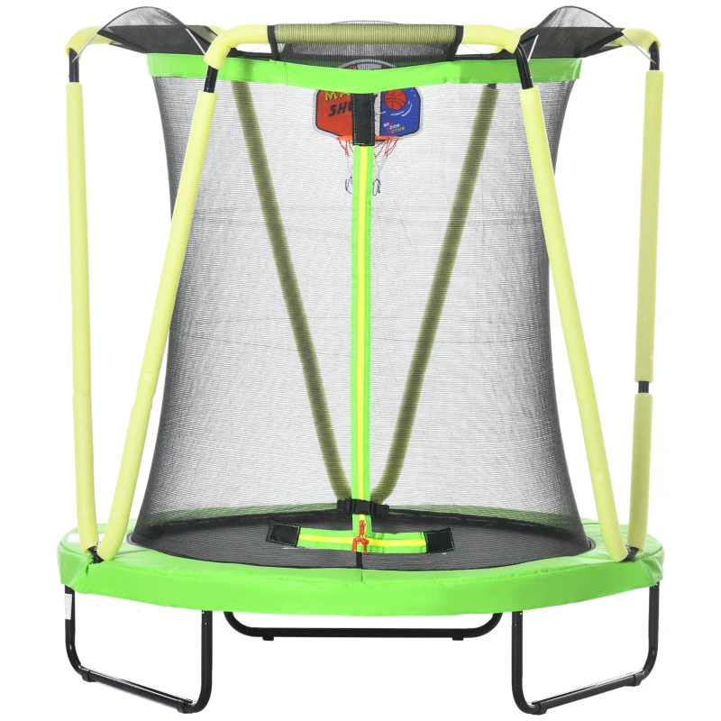 ZONEKIZ Cama Elástica Infantil Ø140 cm con Red de Seguridad Canasta de Baloncesto y 20 Bolas de Plástico Verde