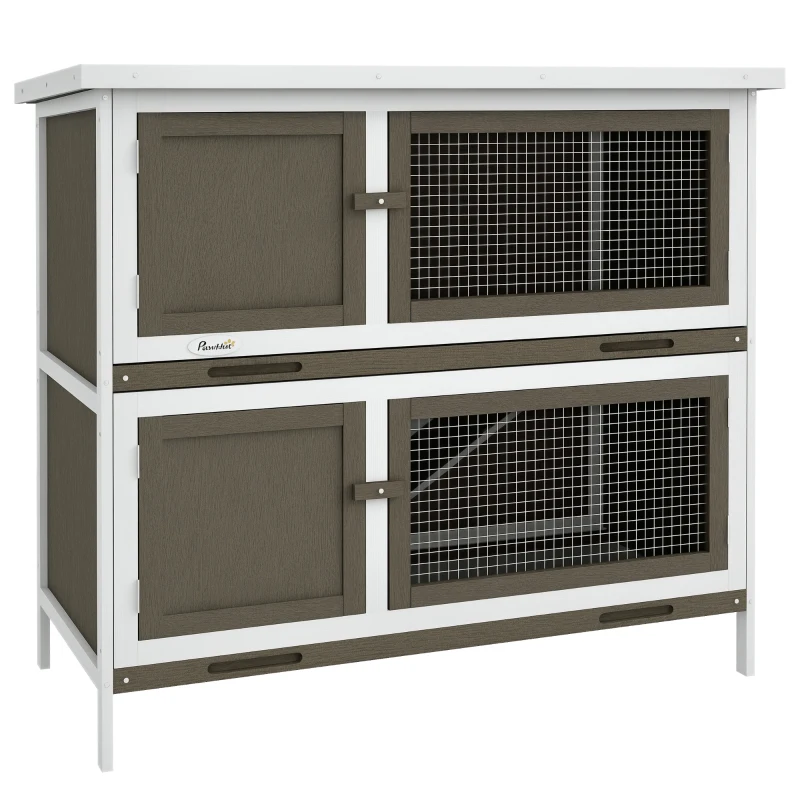 PawHut Coelheira de Madeira de 2 Pisos com Teto Asfáltico Bandejas Amovíveis e Rampa para 2 Coelhos 97x44x91 cm Marrom