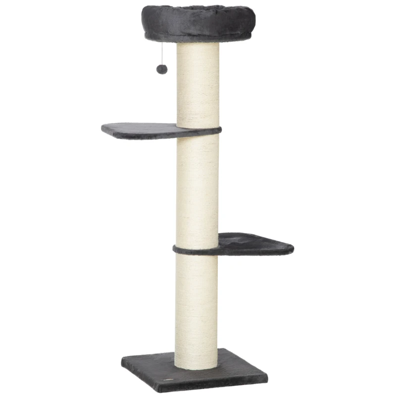 PawHut Arbre à chat griffoir sisal naturel 2 plateformes panier observation jeu boule suspendue peluche grise
