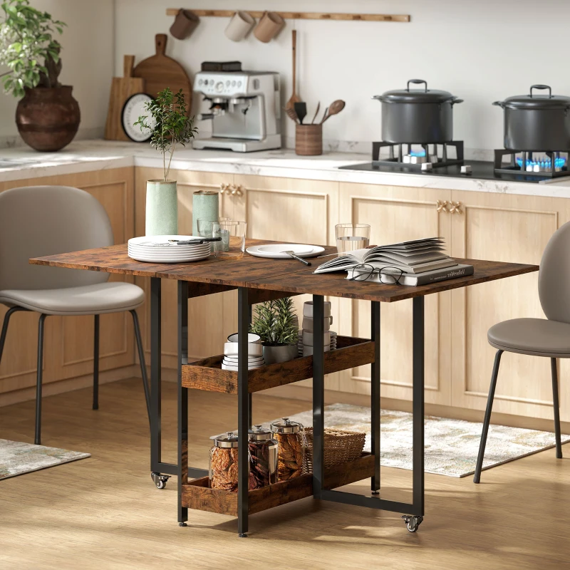 HOMCOM Table à manger pliante dans un design industriel, pour jusqu'à 4 personnes, étagères ouvertes, flexible, métal, panneau de particules, brun