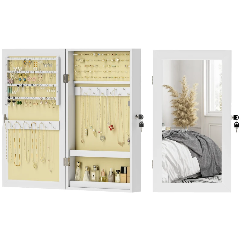 HOMCOM Armoire à Bijoux avec Miroir Design Mural et 2 Clés de Sécurité, en Bois, 36,5x9,5x67 cm, Blanc