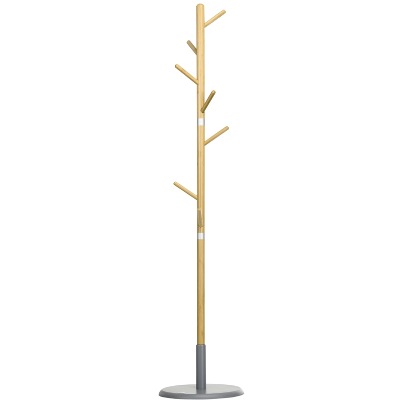 HOMCOM Perchero de Entrada Recibidor con 8 Ganchos para Colgar Ropas Bolsas en Forma de Árbol Ø37,8x175,6 cm Natural y Gris