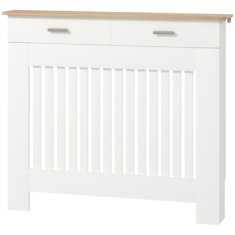 HOMCOM Cache-radiateur à Lamelles Anti-basculement avec Tiroir de Rangement, en Bois, 112x19x97 cm, Blanc