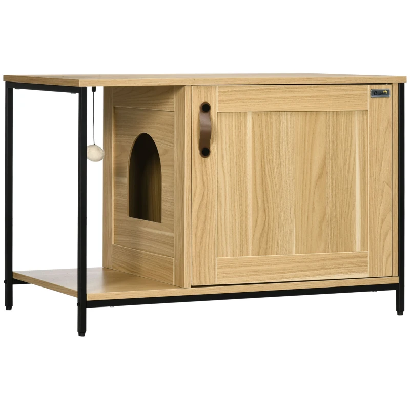 PawHut Mueble Arenero para Gatos con Puerta Bola de Juguete Colgante Caja de Arena para Gatos para Interior 80x48x55 cm Roble